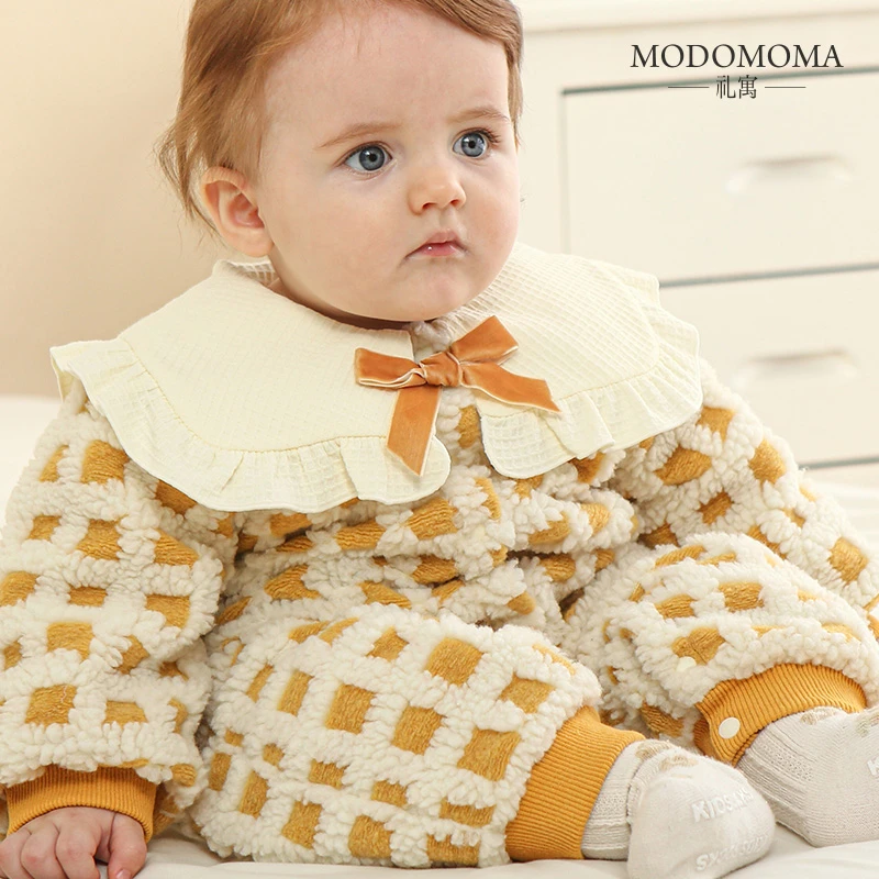 modomoma新生婴儿衣服冬装公主女宝宝保暖加绒爬服洋气连体棉服