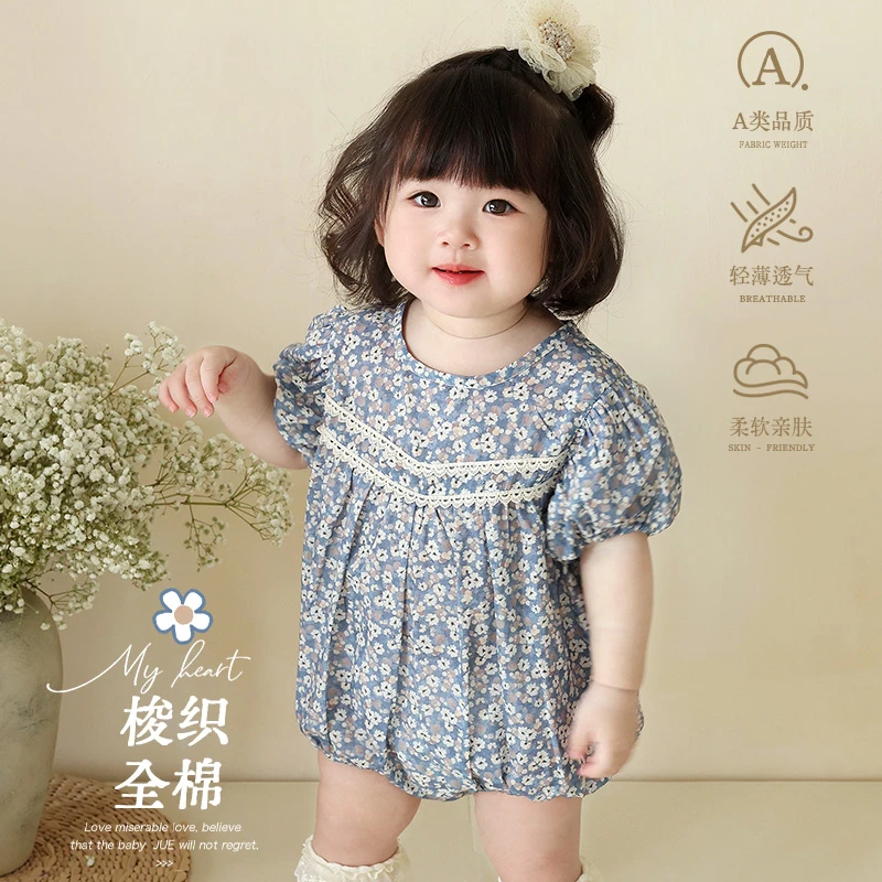 薄款衣服夏装女宝宝短袖碎花初生包屁连体哈衣爬服满月周岁外出服
