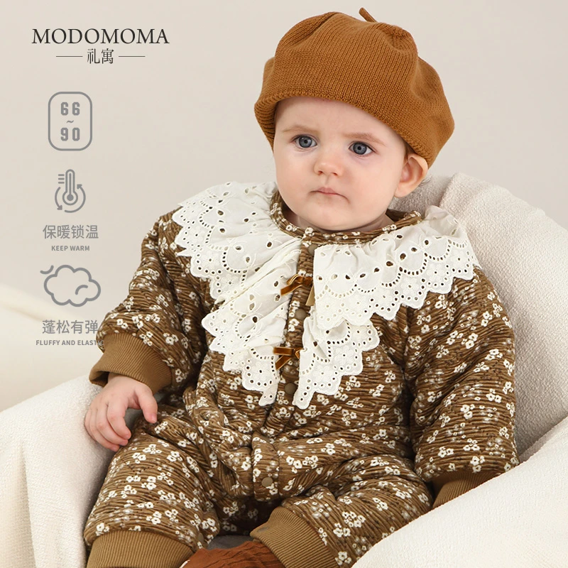 modomoma新生婴儿衣服秋冬装棉服女宝复古连体衣保暖加厚夹棉爬服