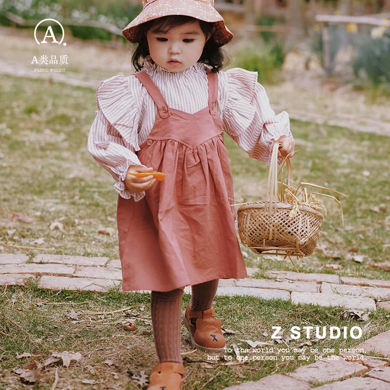 女童裙子套装北欧春装洋气公主女宝宝条纹娃娃衫背带裙春季外出服