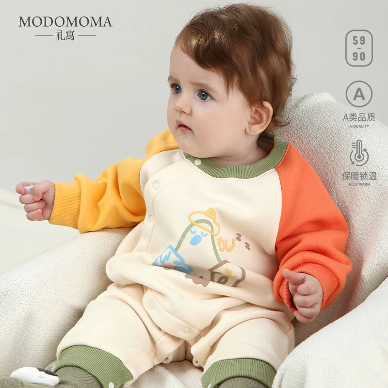 modomoma新生婴儿衣服春装男女宝宝保暖加绒连体衣洋气印花爬服