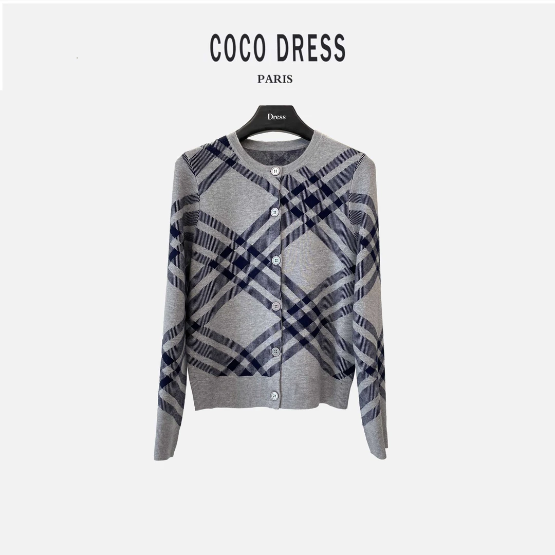 撞色格纹长袖简约气质轻奢长袖厚款毛针织衫