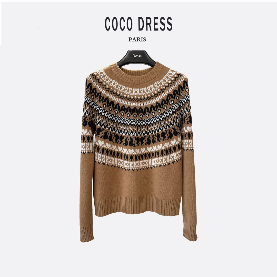 美拉德色系复古提花时尚长袖秋冬圆领毛针织衫