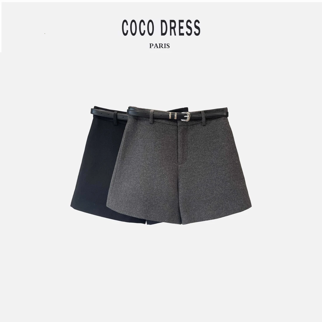 秋冬毛呢简约气质百搭高腰黑色舒适短裤（含腰带）