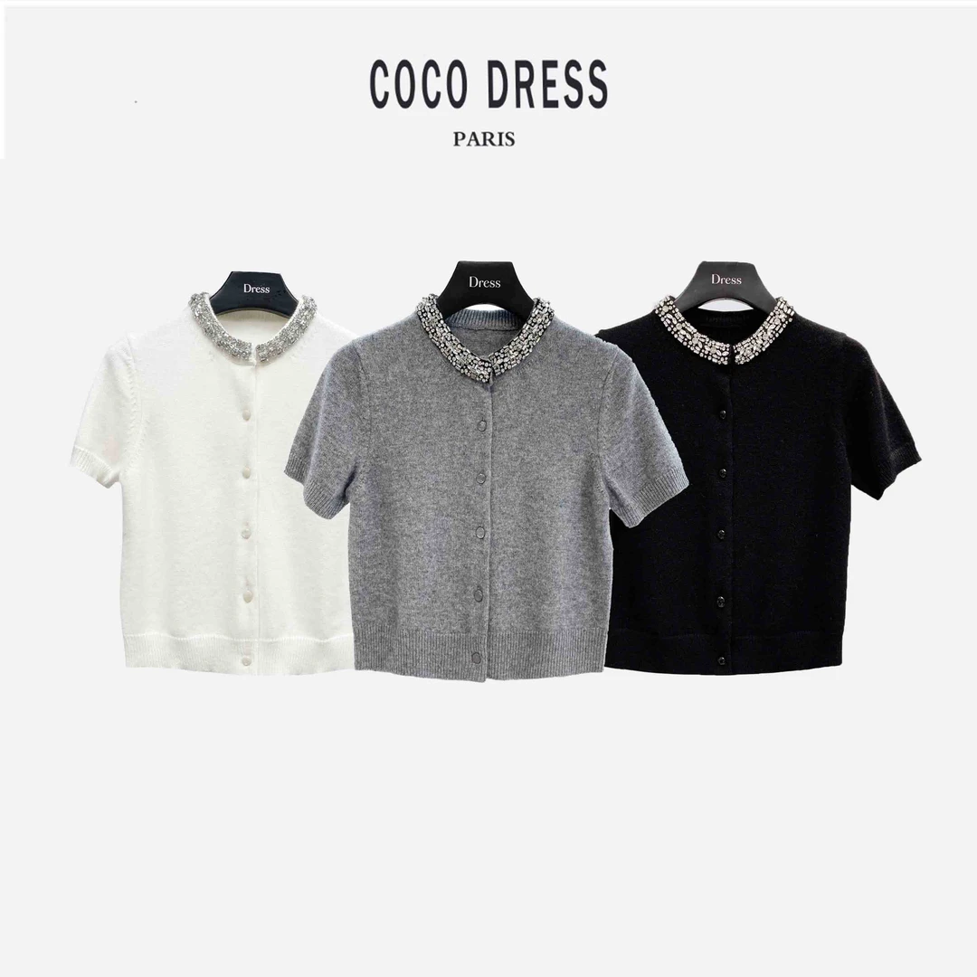 奢华钉珠羊毛短袖百搭早秋毛针织衫