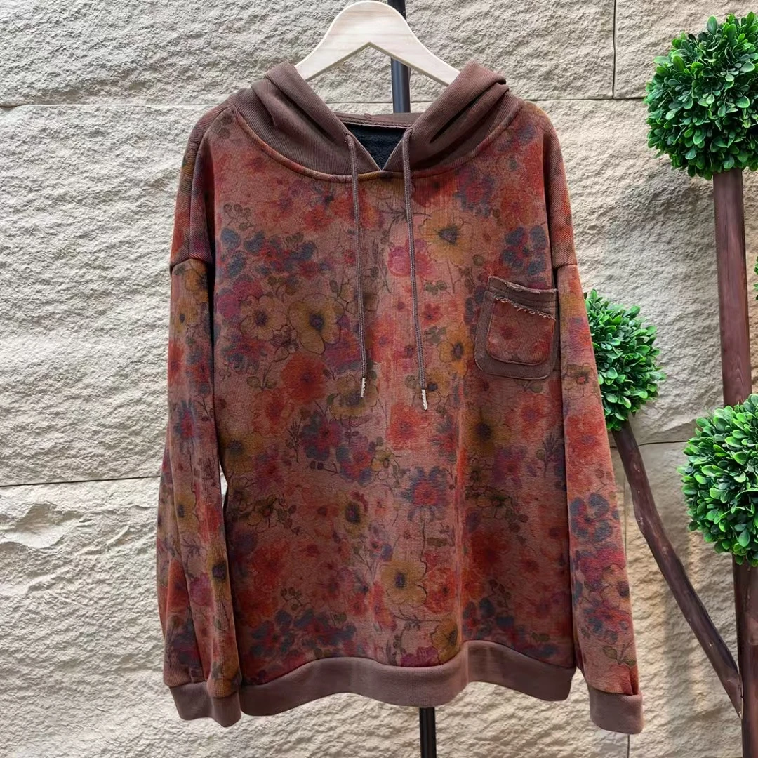 7050新款秋冬加绒休闲百搭气质减龄印花连帽长袖卫衣T恤