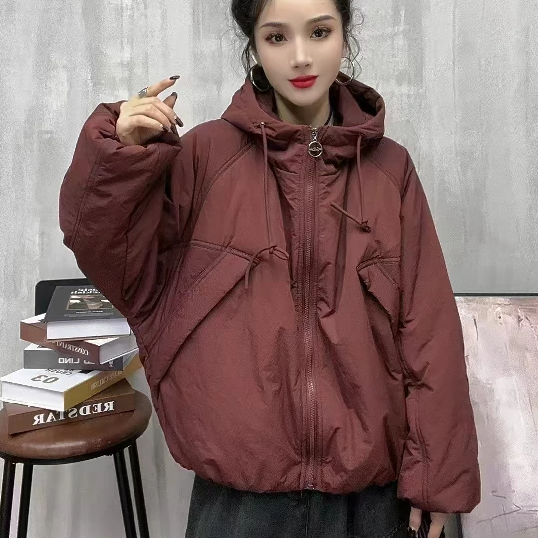 7481新款秋冬休闲百搭时尚简约显瘦拼接连帽棉服