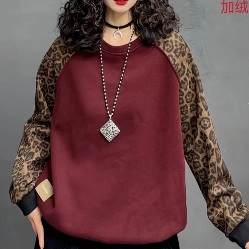 6418新款加绒秋冬休闲百度气质减龄豹纹拼接长袖上衣