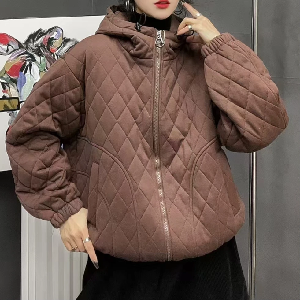 8052新款加厚秋冬菱格百搭休闲简约连帽棉服