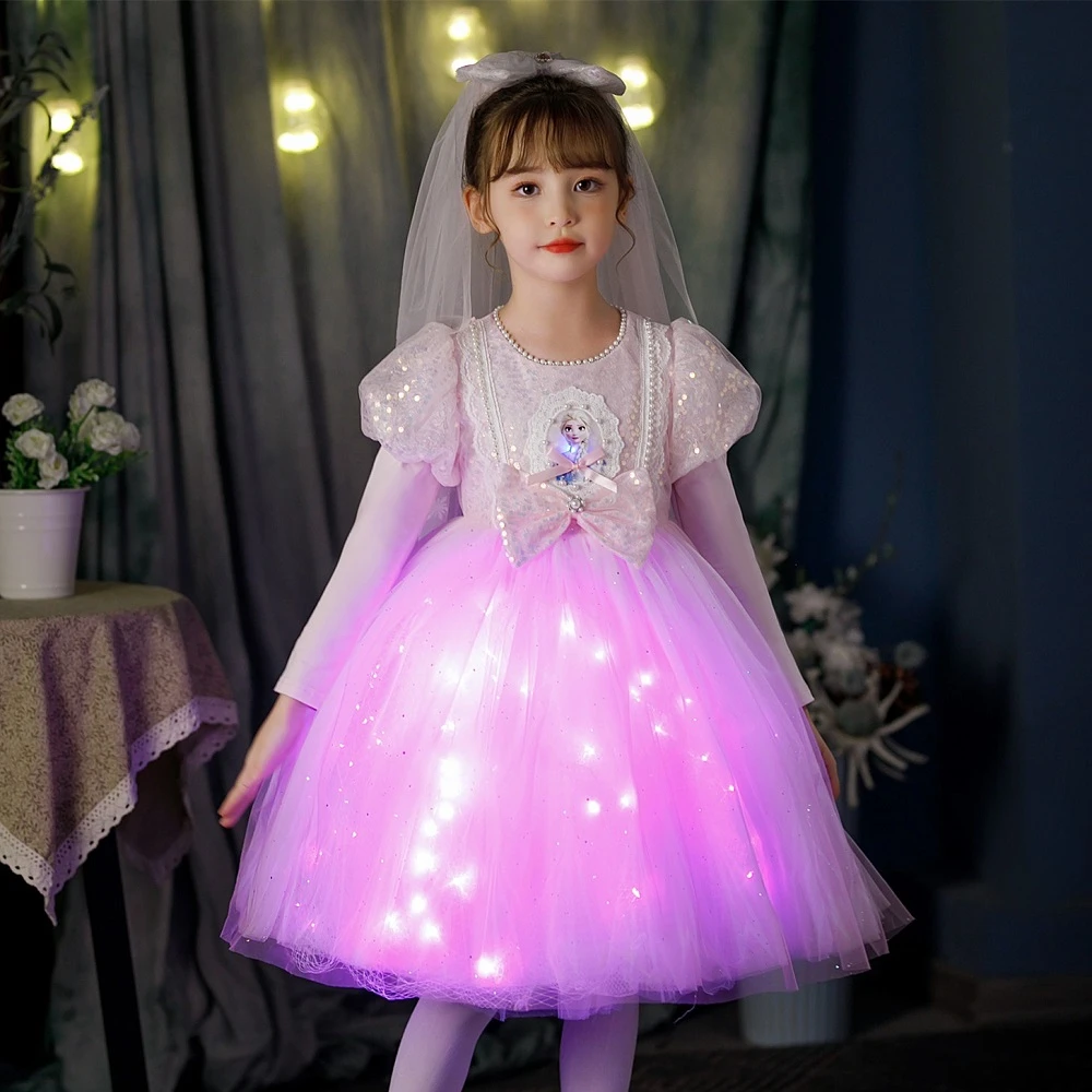 女童冰雪奇缘秋装新款发光连衣裙艾纱网纱裙子秋季宝宝爱莎公主裙