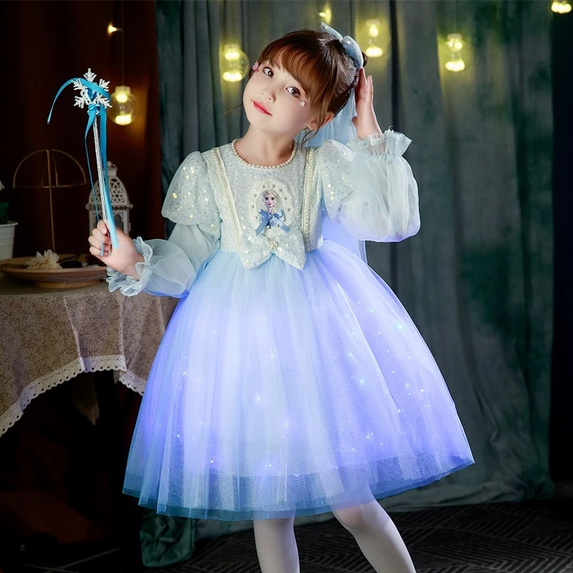 2023秋季新款冰雪奇缘艾莎公主裙爱莎发光连衣裙万圣节生日礼服裙