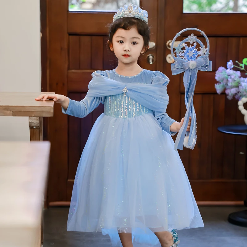 冰雪奇缘艾莎公主裙女童春秋爱莎连衣裙高端艾沙女孩生日礼服裙子