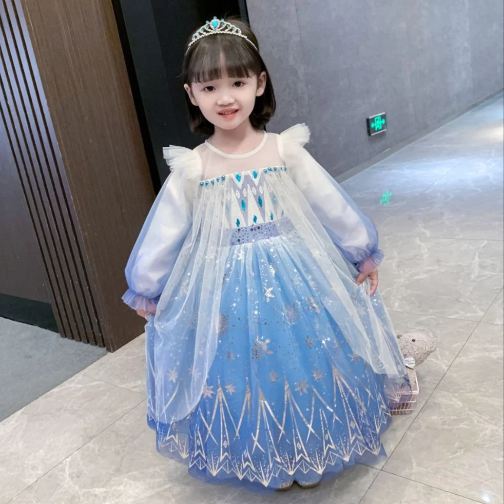爱莎公主裙艾莎连衣裙爱沙服饰春夏新款长袖冰雪奇缘女童网纱礼服