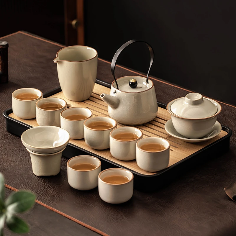 米黄汝窑功夫茶具套装陶瓷高端家用泡茶壶盖碗茶杯茶盘整套