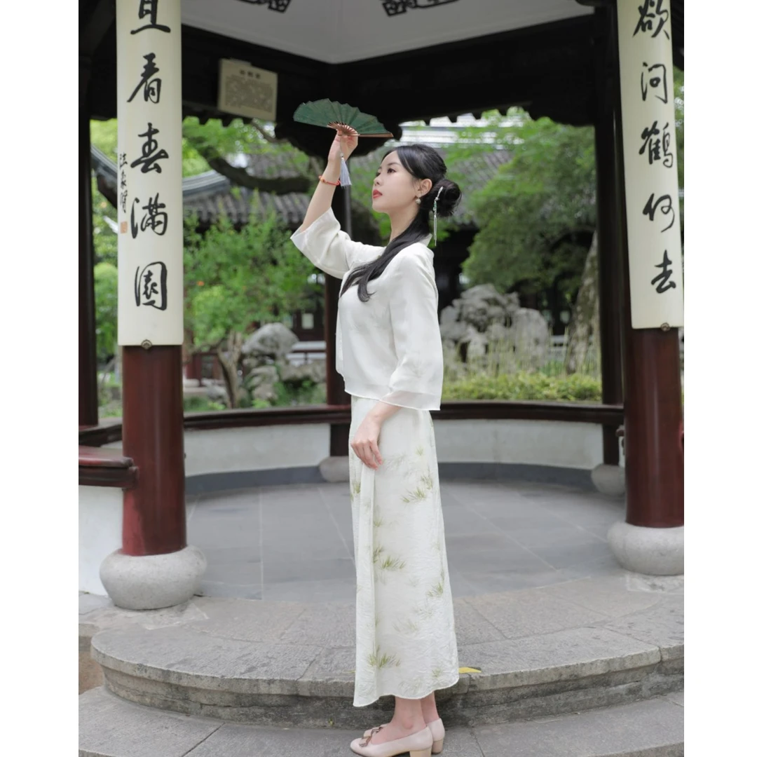 TR GUGU【竹林醉】新中式印花气质显瘦高腰国风夏季连衣裙套装少女