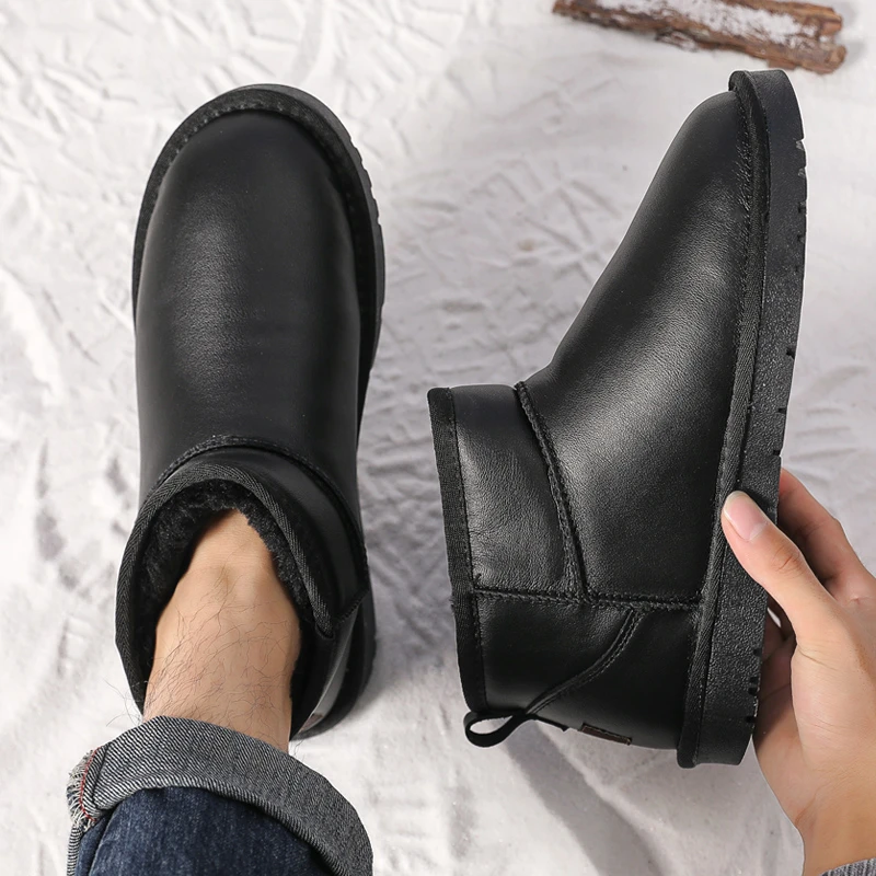 F.V.C光面东北雪地靴男女保暖加绒加厚防滑棉靴短筒面包真皮鞋冬