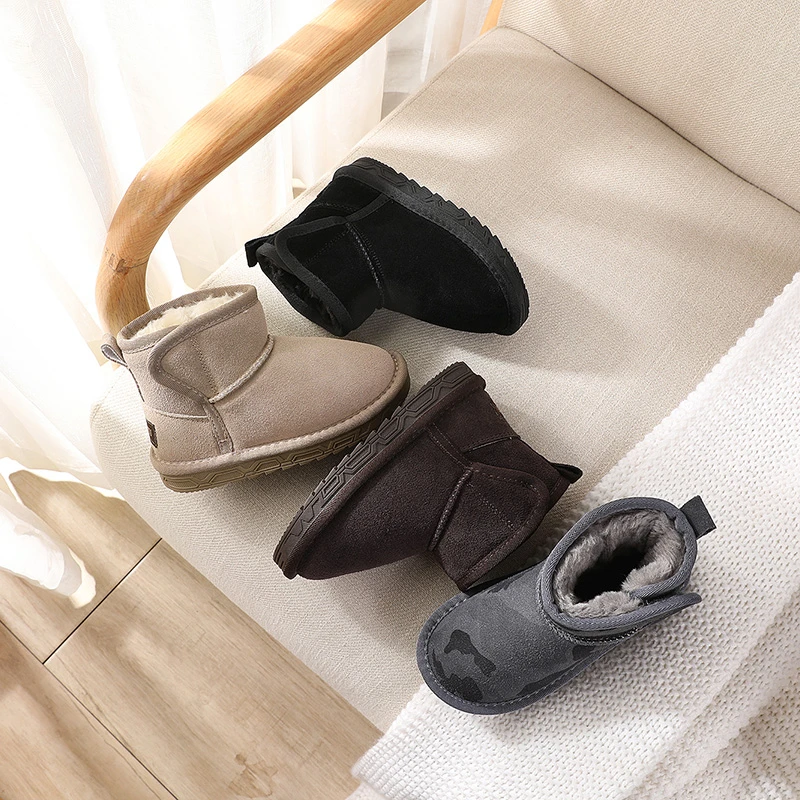 萌布兔真皮儿童雪地靴魔术贴女男童加绒加厚保暖防滑短靴雪地棉鞋