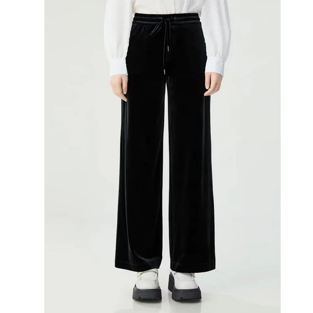 【商场同款】秋新松紧腰系带直筒休闲裤女黑色金丝绒阔腿裤1100498