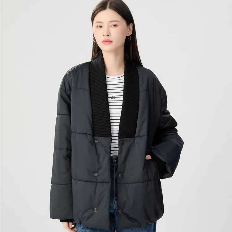 【商场同款】秋冬款百搭宽松V领保暖新雪丽棉衣棉服外套1400804