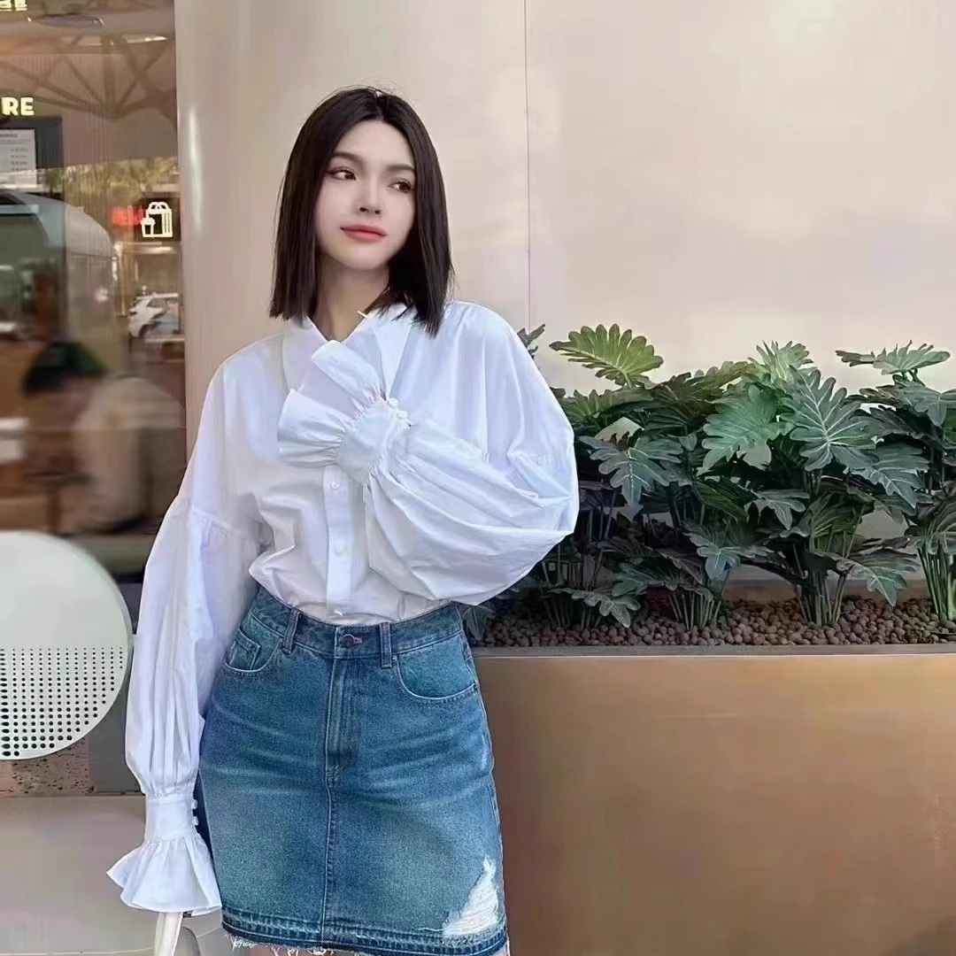 【商场同款】春秋新款宽松气质白色泡泡喇叭长袖衬衫5301042