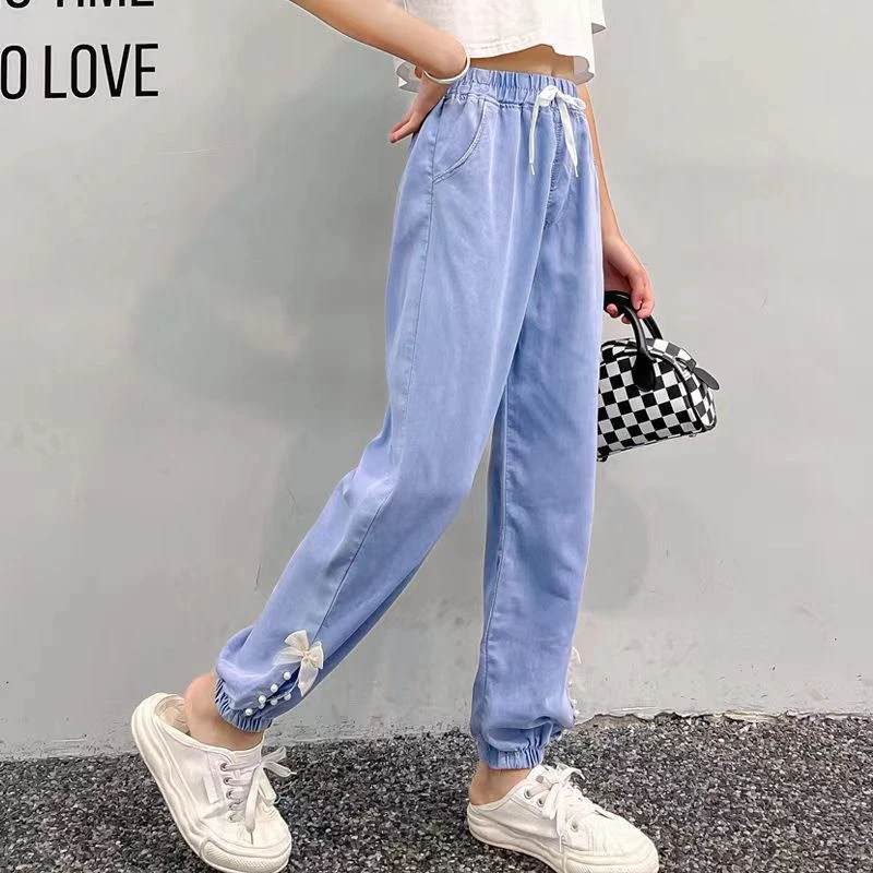 女童天丝牛仔裤薄款2024夏季新款宽松洋气休闲裤儿童中大童防蚊裤