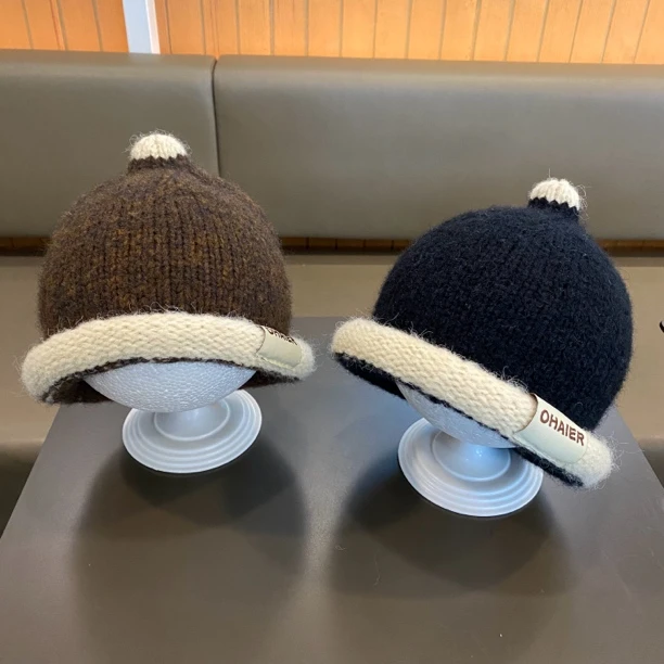 ins秋冬宝宝卷边瓜皮帽男童帽子拼色针织女孩保暖套头儿童毛线帽