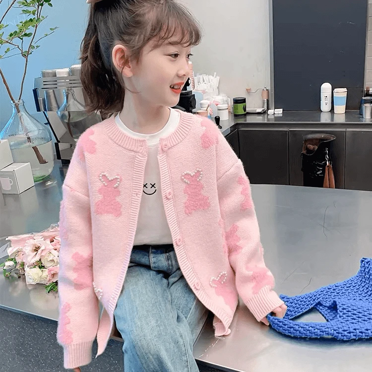 儿童毛衣开衫粉色外套春秋洋气外穿韩版女宝女童针织衫毛衣孩