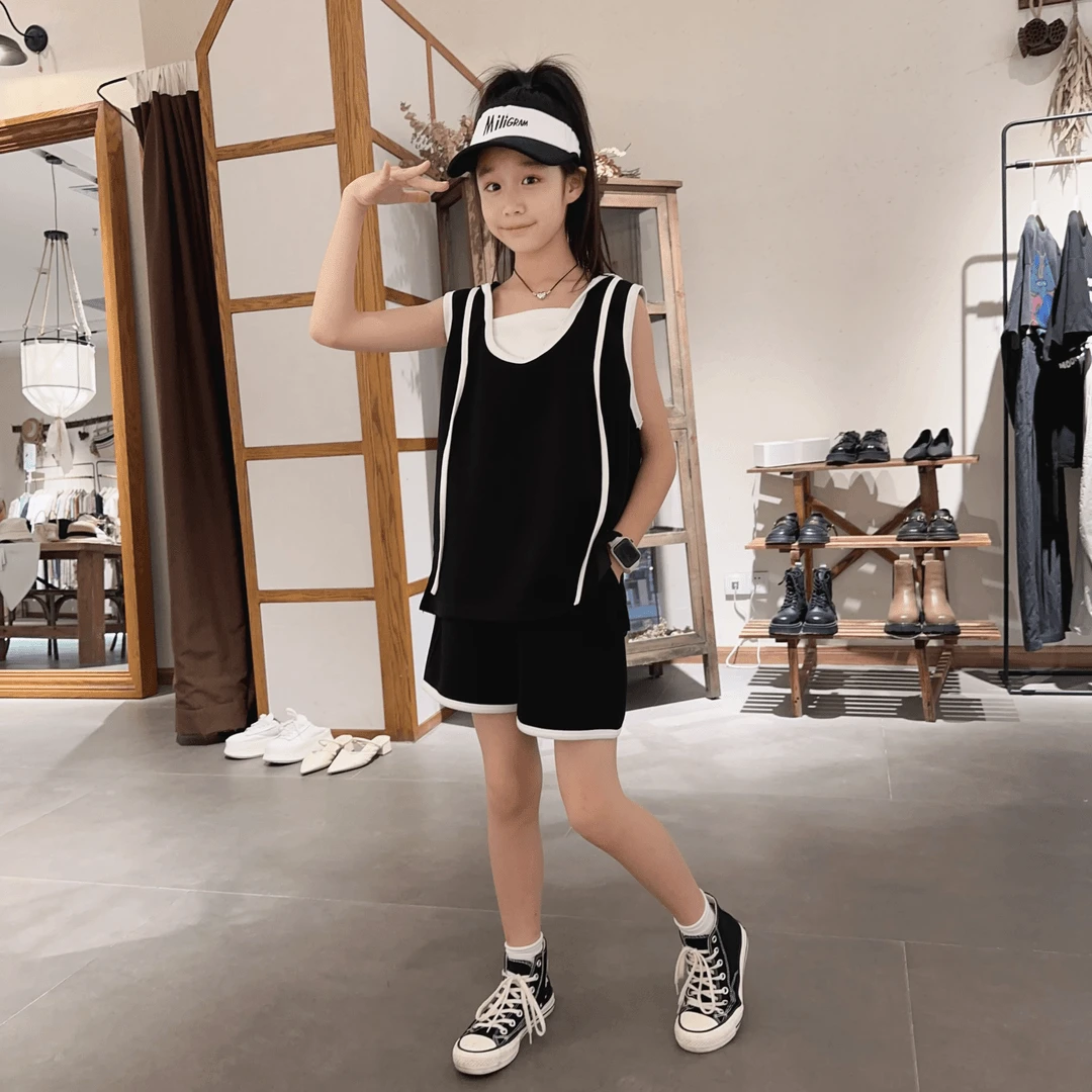 女童夏装套装运动连帽洋气时尚休闲夏季潮流中大童假两件无袖套装
