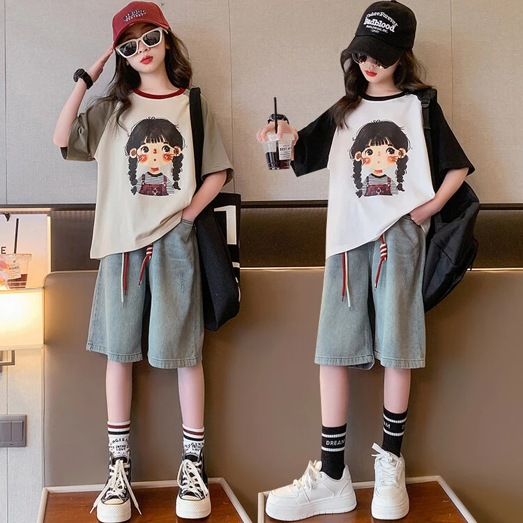 女童夏季套装2025款夏季宽松时髦中大童洋气两件套童装牛仔套装