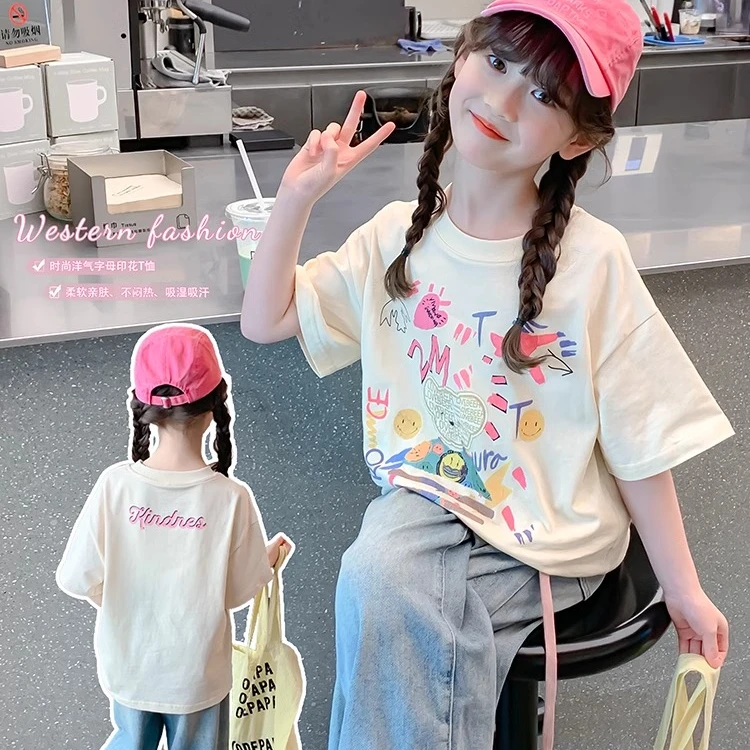 女孩短袖T恤夏装2025新款洋气儿童夏季韩版中大童夏款半袖上衣薄