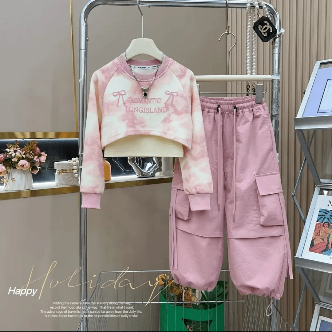 女童秋装2025春秋新款韩版洋气晕染卫衣休闲时尚运动工装裤三件套