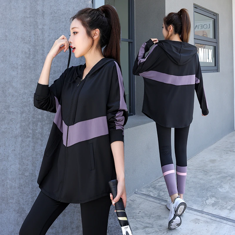 跑步运动套装女晨跑服速干大码胖mm宽松运动服套装女长袖健身服女