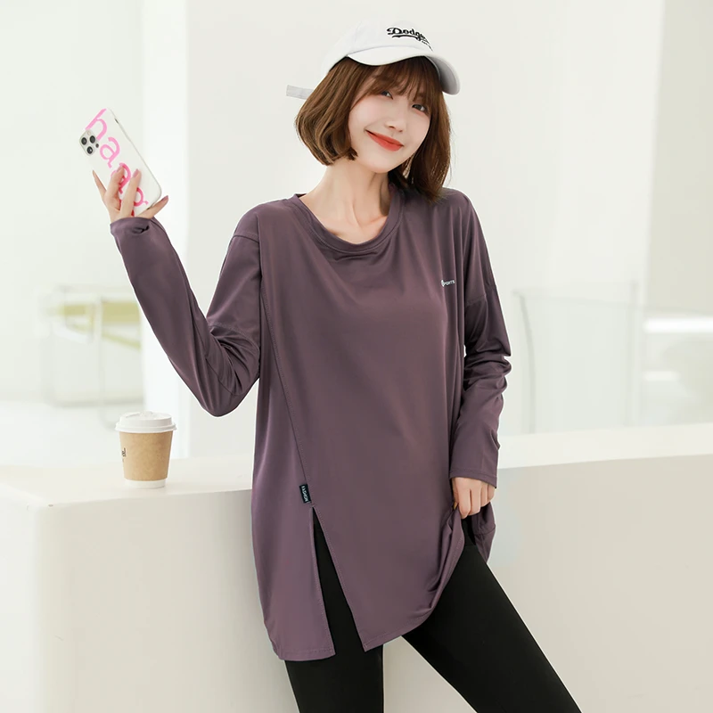 长袖瑜伽服t恤宽松大码微胖mm显瘦速干运动上衣专业健身跑步服女
