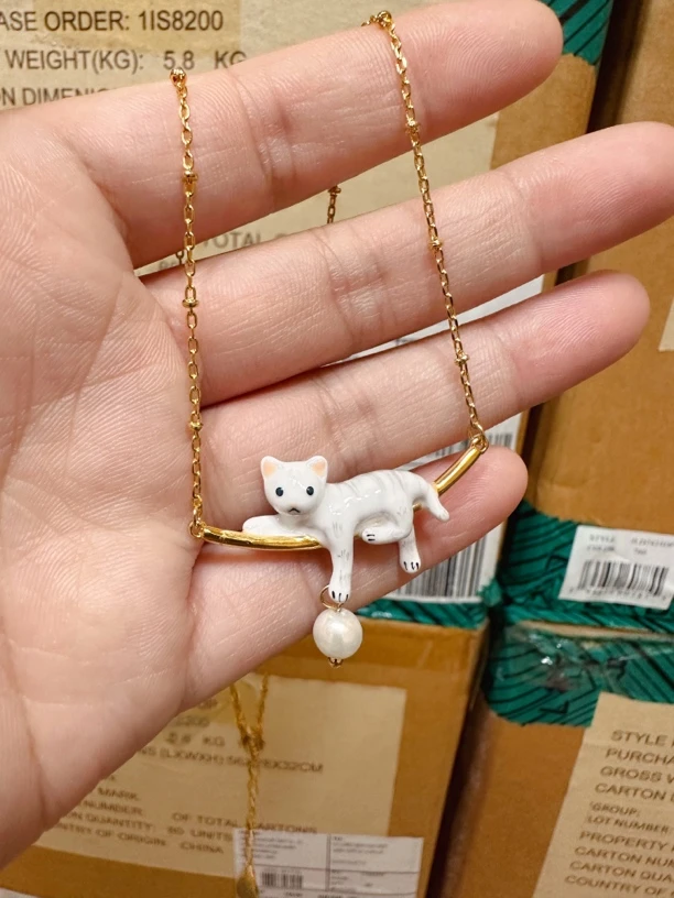 铜珐琅项链 时尚可爱手绘珐琅卡通小动物猫咪项链简约百搭锁骨链