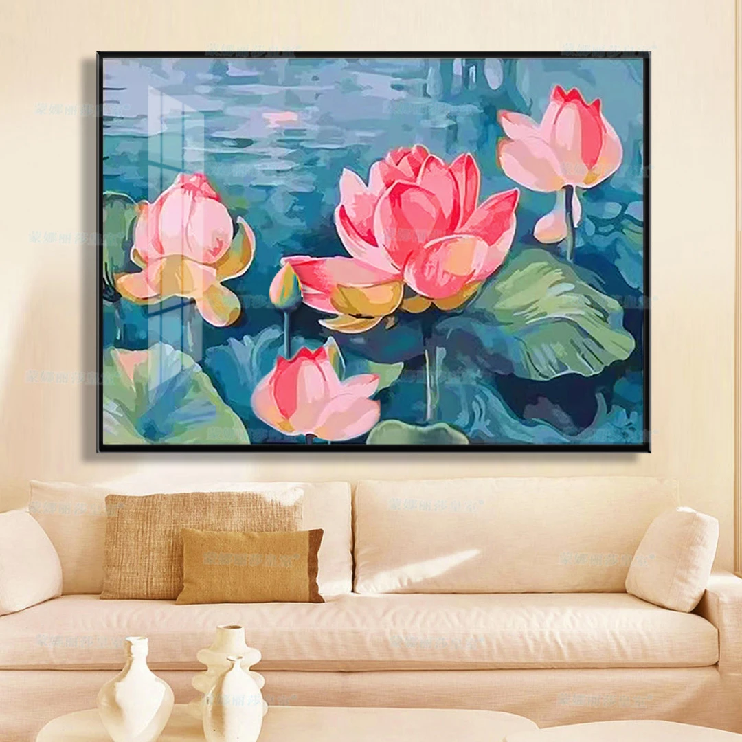 蒙娜丽莎十字绣 出水芙蓉 唯美荷花简约客厅玄关餐厅装饰画手工绣