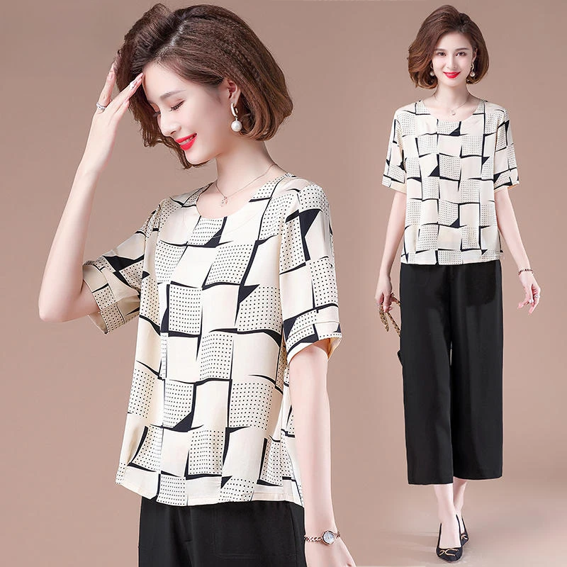 罗蒙妈妈夏装套装女夏季中老年洋气短袖T恤中年时尚高贵上衣服