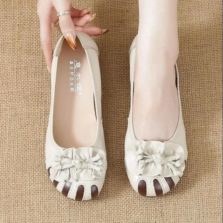 中老年软底妈妈鞋豆豆鞋新款春秋季一脚蹬圆头平底浅口单鞋女百搭