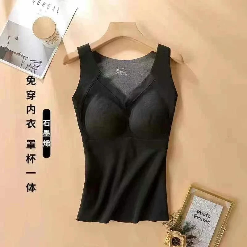 石墨烯保暖吊带背心女磨毛发热春秋带胸垫一体固定杯内穿吊带上衣