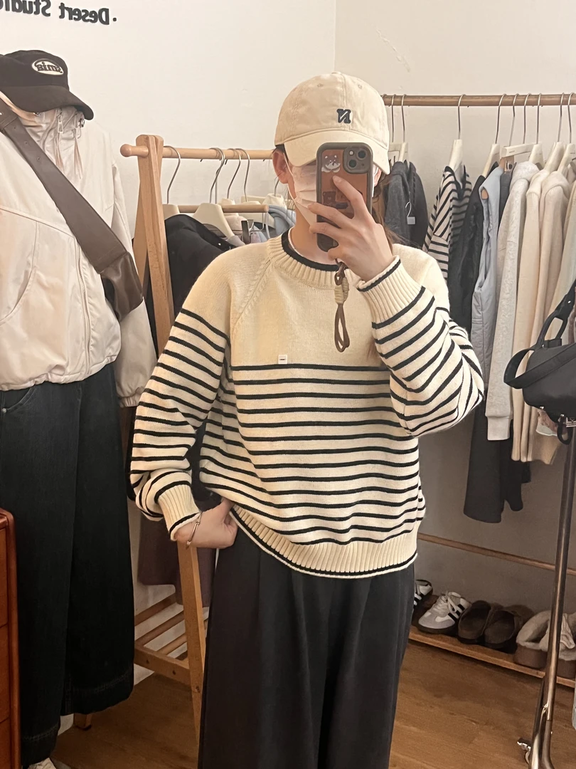 【87】韩版圆领条纹小标刺绣套头毛衣女2024秋冬新款宽松加厚针