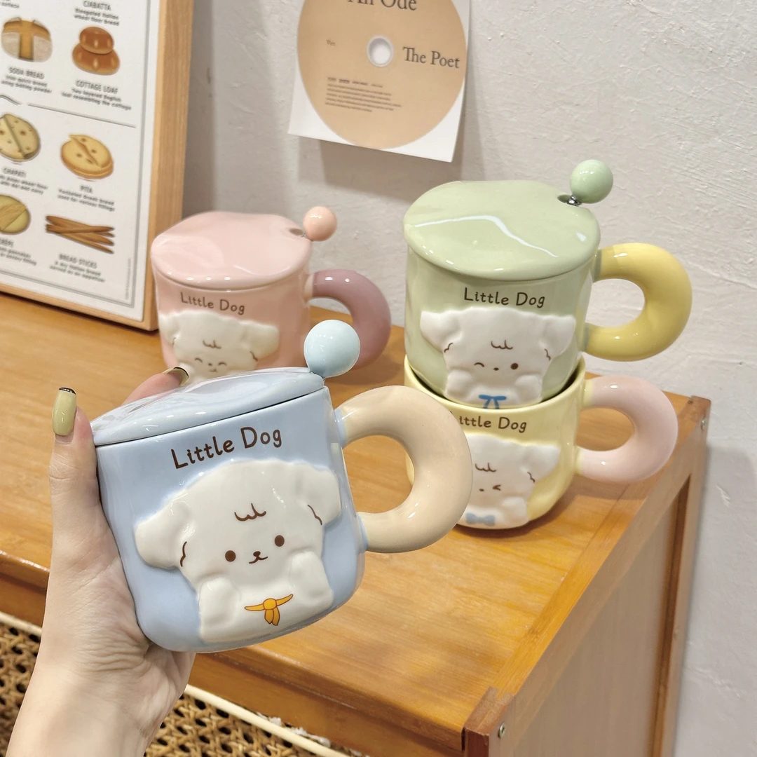 马克杯带盖勺可爱小狗杯子陶瓷情侣款水杯家用女生办公室咖啡杯男