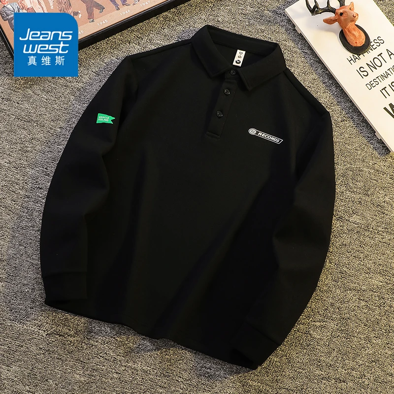 Jeanswest/真维斯新款长袖POLO衫男士春秋季宽松潮流美式休闲T恤