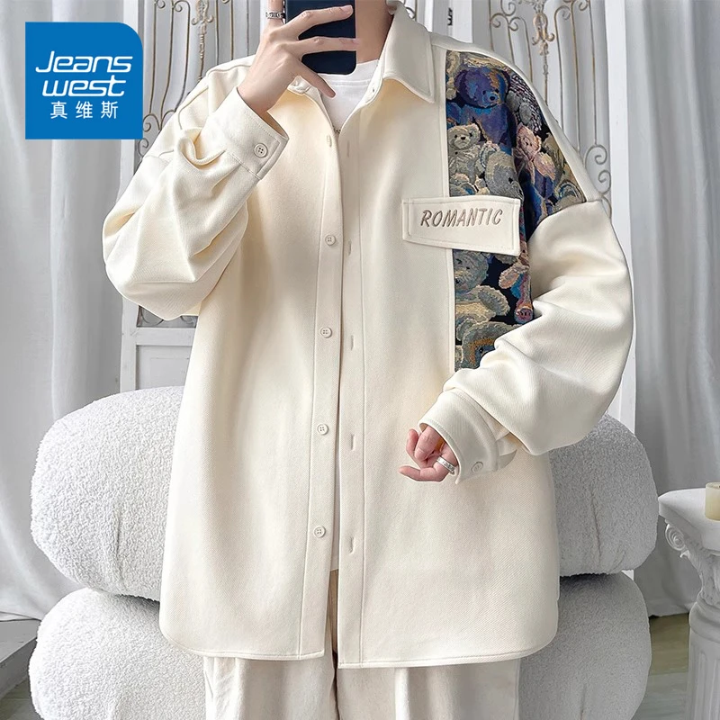 Jeanswest/真维斯男士新款舒适百搭衬衫春秋宽松休闲潮流简约外套