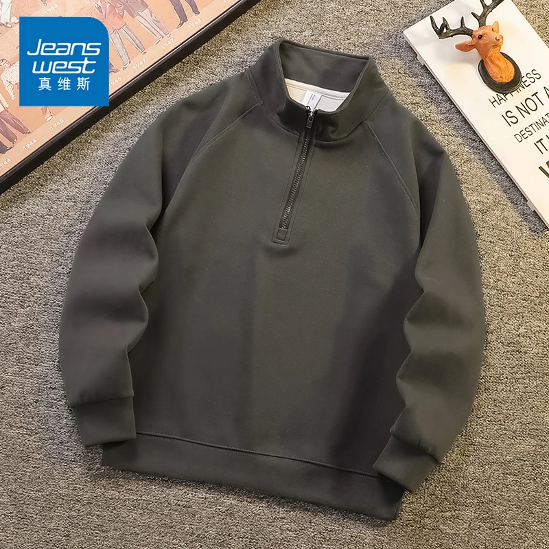 Jeanswest/真维斯男士立领休闲卫衣秋冬季宽松百搭半拉链长袖上衣