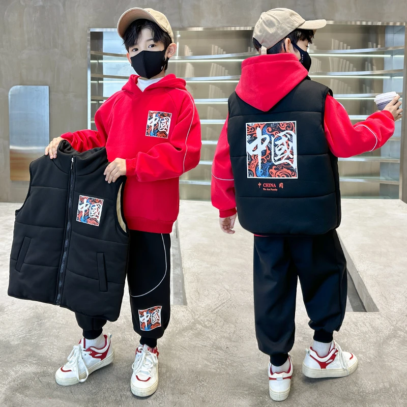 男童加绒加厚连帽套装2023新款冬季儿童男孩中大童红色三件套爆款