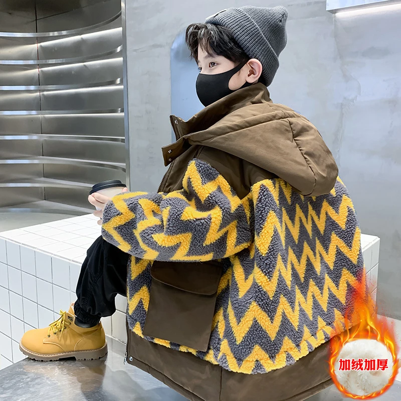 男童冬装韩版连帽毛毛衣拼色2024新款儿童加绒加厚外套冬季时髦潮