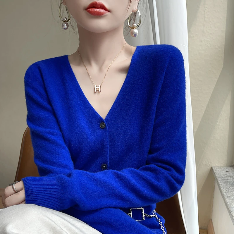 进口澳洲100羊毛基础V领开衫女2024春秋薄款毛衣针织外套上衣