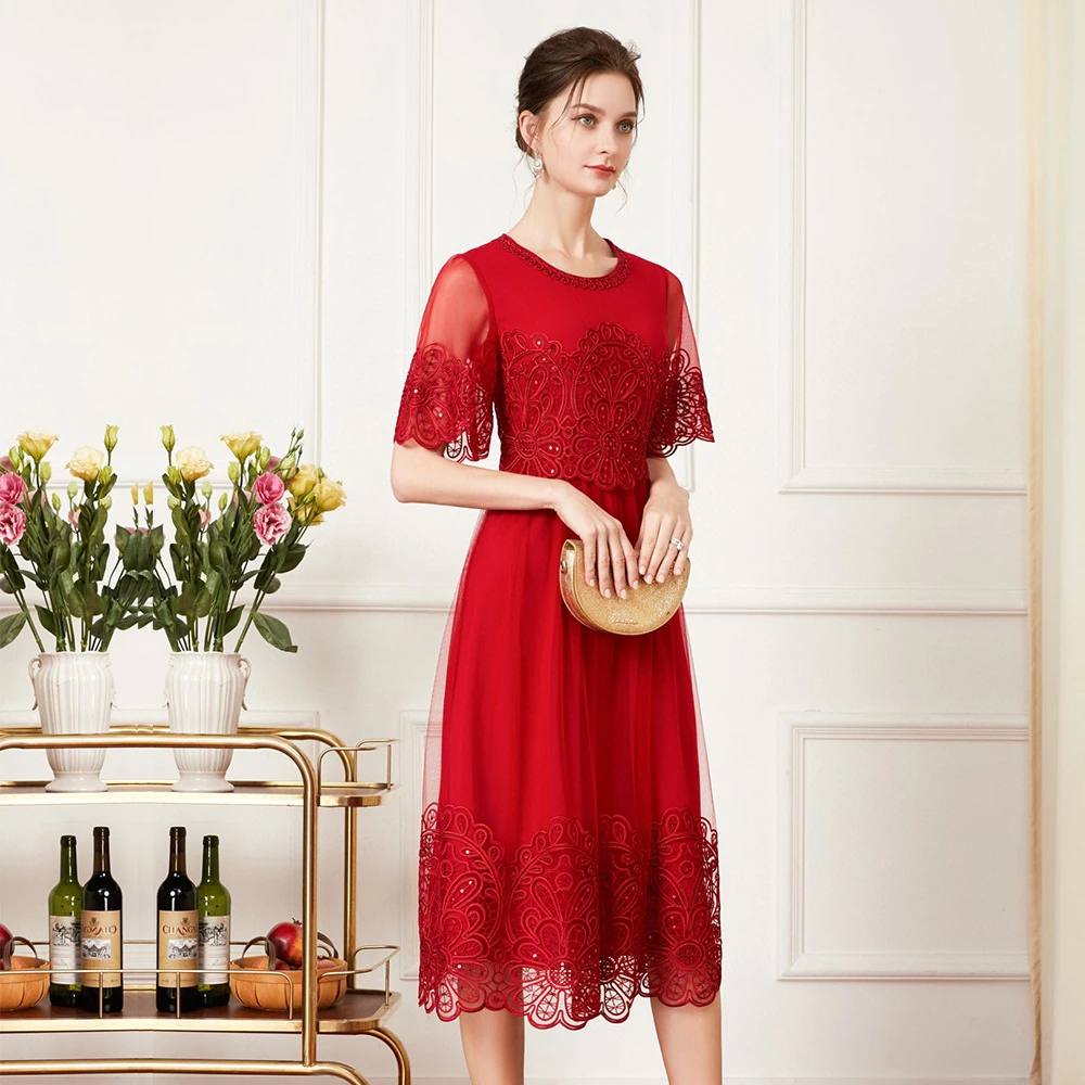 2023品牌高端中老年婚庆礼服连衣裙女夏季婆婆妈妈装连衣裙