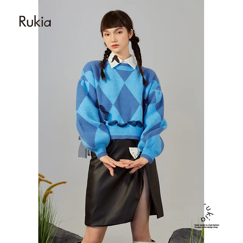 RUKIA/高级感早秋时尚套装菱格毛衣短款搭配半身裙盐系穿搭三件套