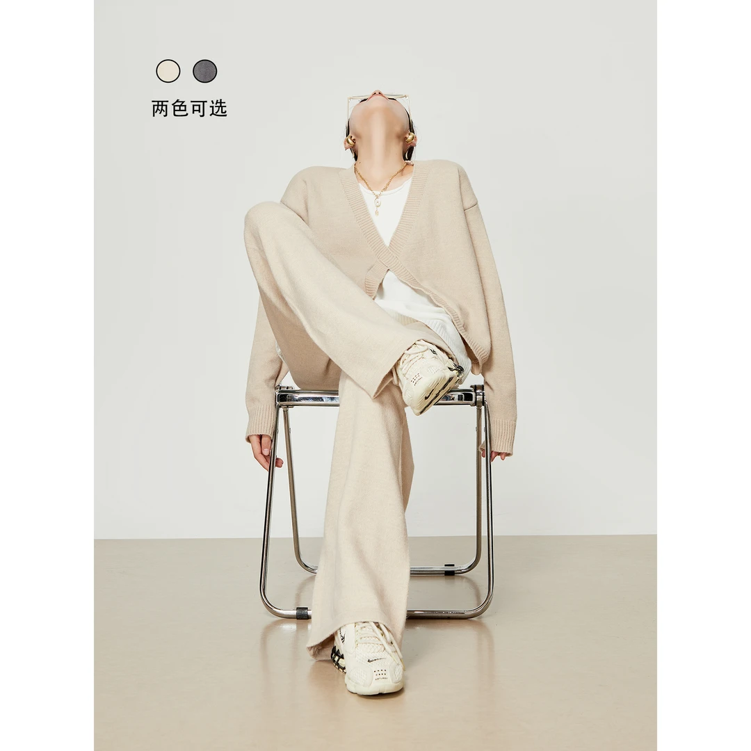 周里物秋季女装时尚新款慵懒感毛衣套装休闲卡其色上衣长裤两件套