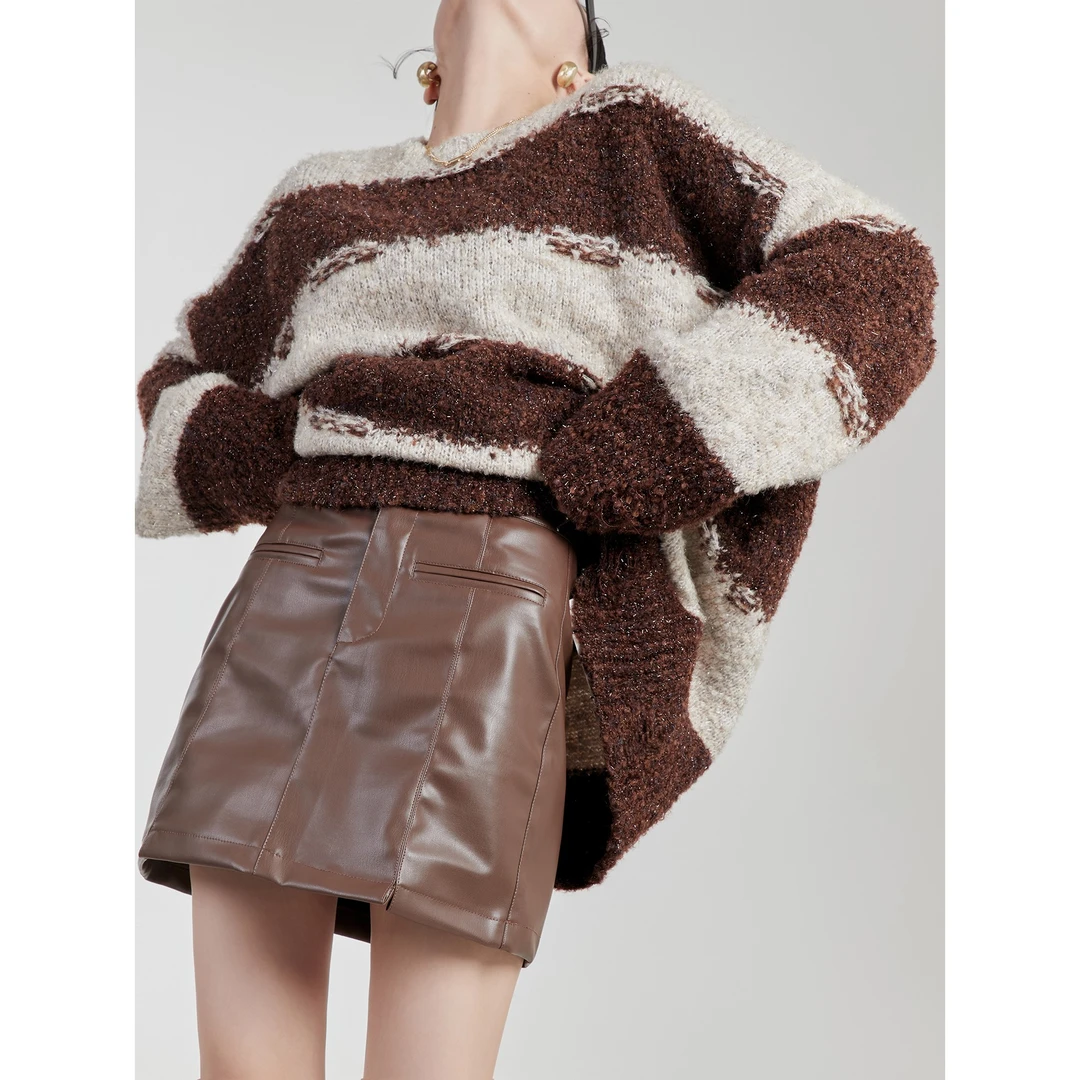 周里物咖色毛衣女条纹针织宽松慵懒中长款露肩港风